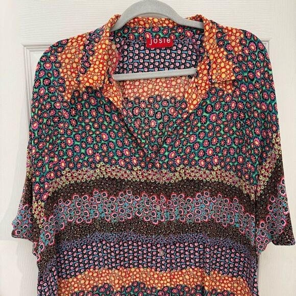 Josie Natori 100% Rayon Shirt Tunic Dress Size XL Colorful Floral Artsy Buttons - Picture 2 of 8